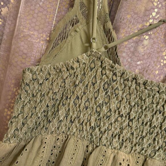 Mahina Hawaii Olive Green Crochet Top Boho Eyelet Maxi Dress Medium - Picture 9 of 9